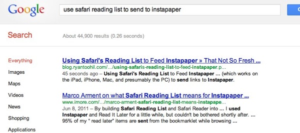 Use safari reading list to send to instapaper  Google Search